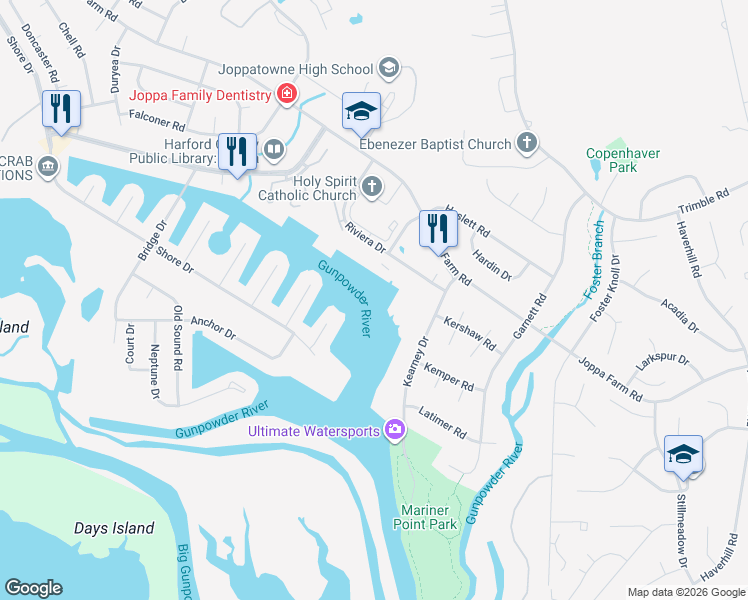 map of restaurants, bars, coffee shops, grocery stores, and more near 536 Riviera Drive in Harford County