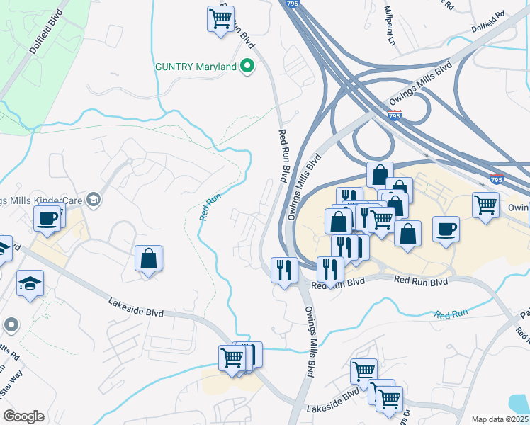 map of restaurants, bars, coffee shops, grocery stores, and more near 9405 Paragon Court in Owings Mills