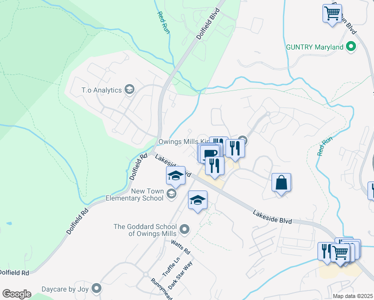map of restaurants, bars, coffee shops, grocery stores, and more near 5026 Stone Shop Circle in Owings Mills