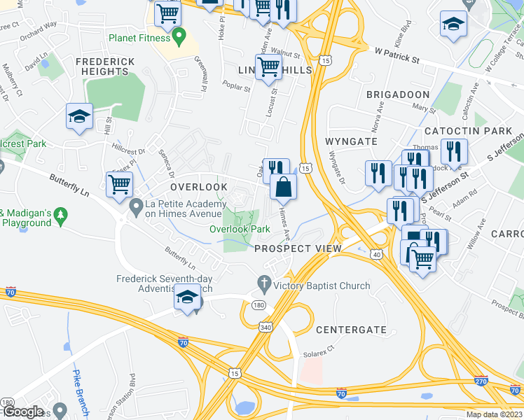 map of restaurants, bars, coffee shops, grocery stores, and more near 507 Sylvan Court in Frederick