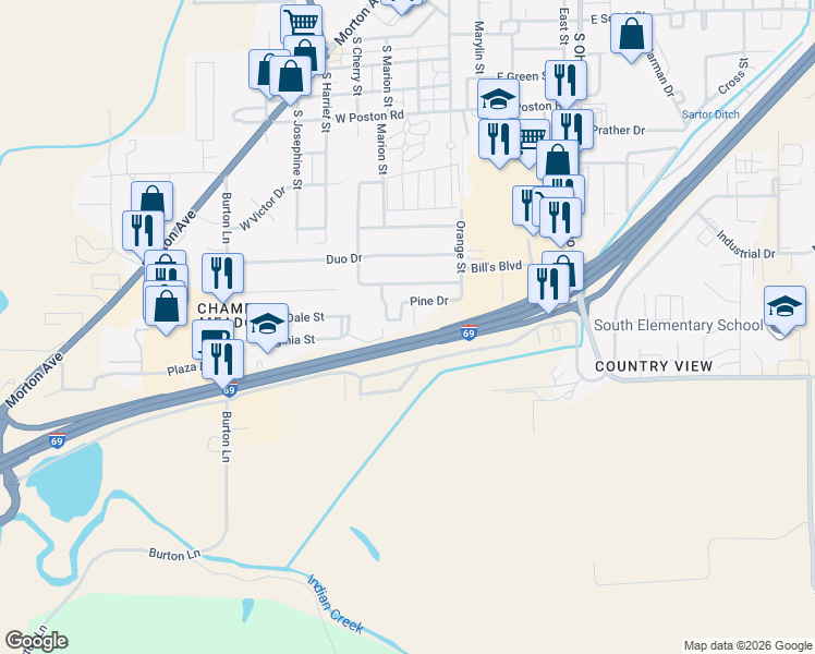 map of restaurants, bars, coffee shops, grocery stores, and more near 180 West Southview Drive in Martinsville
