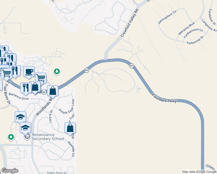 map of restaurants, bars, coffee shops, grocery stores, and more near 2096 Avenue Del Sol in Castle Rock