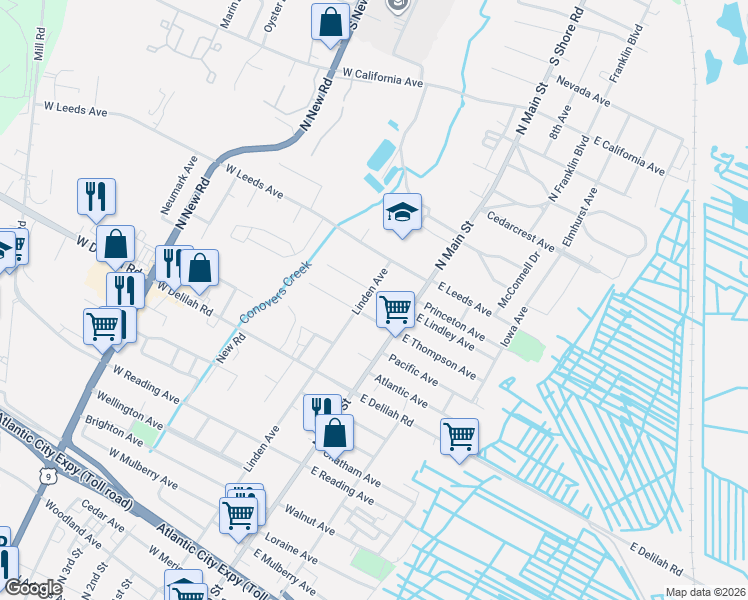 map of restaurants, bars, coffee shops, grocery stores, and more near 21 West Thompson Avenue in Pleasantville