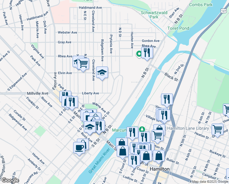 map of restaurants, bars, coffee shops, grocery stores, and more near 318 North D Street in Hamilton