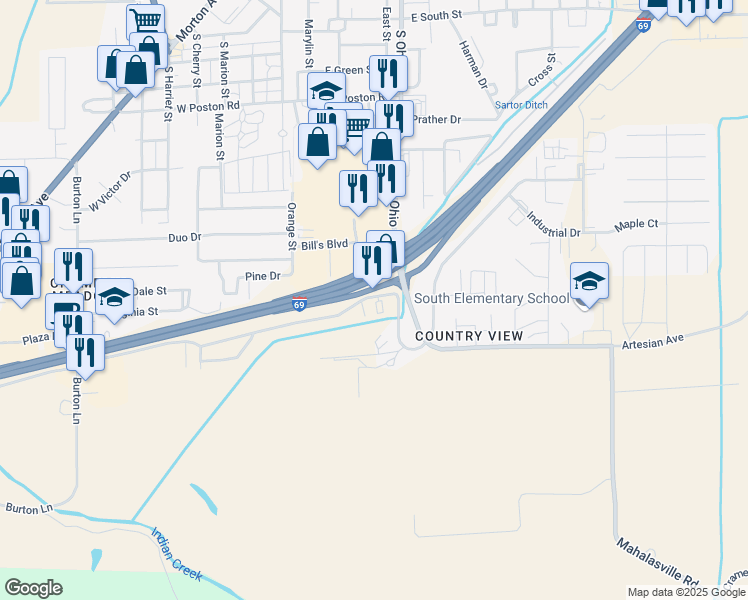 map of restaurants, bars, coffee shops, grocery stores, and more near 1130 Williamsburg Court in Martinsville