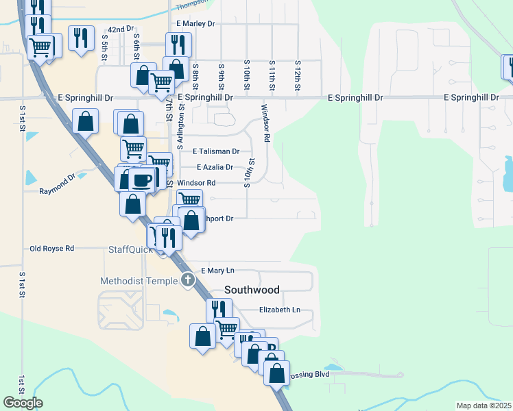 map of restaurants, bars, coffee shops, grocery stores, and more near 999 E Southport Dr in Terre Haute