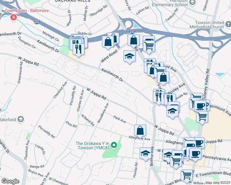 map of restaurants, bars, coffee shops, grocery stores, and more near 738 Camberley Circle in Towson
