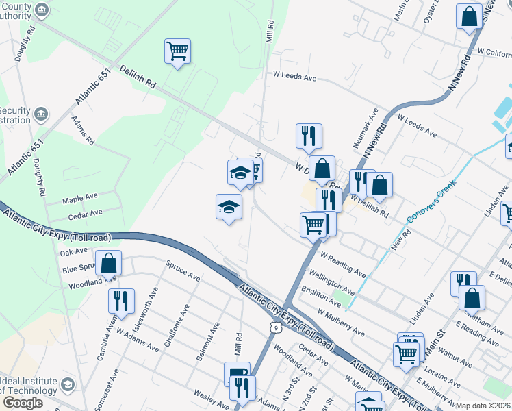 map of restaurants, bars, coffee shops, grocery stores, and more near 701 Mill Road in Pleasantville