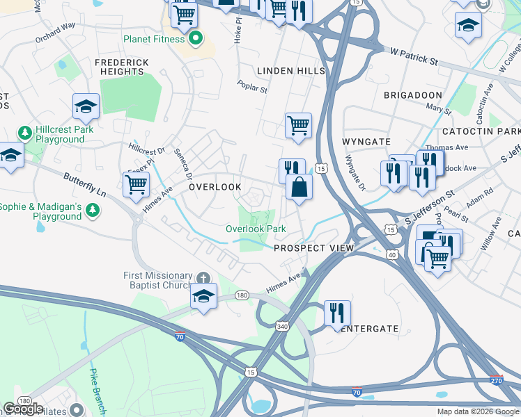 map of restaurants, bars, coffee shops, grocery stores, and more near 564 Eisenhower Drive in Frederick