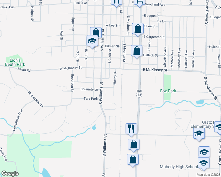 map of restaurants, bars, coffee shops, grocery stores, and more near 1006 Shelby Drive in Moberly