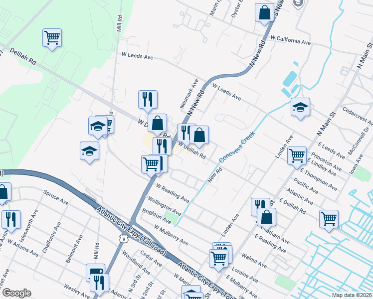 map of restaurants, bars, coffee shops, grocery stores, and more near 250 Sassafras Run in Pleasantville