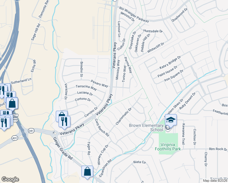 map of restaurants, bars, coffee shops, grocery stores, and more near 11298 Messina Way in Reno