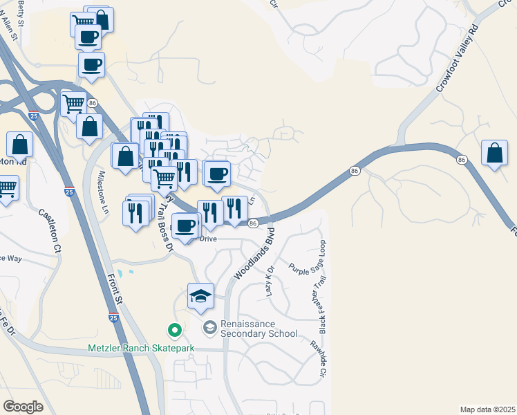 map of restaurants, bars, coffee shops, grocery stores, and more near 852 Maleta Lane in Castle Rock