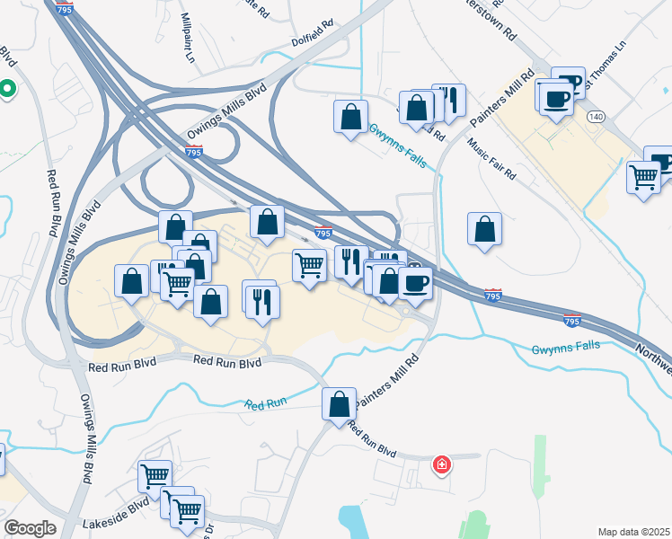 map of restaurants, bars, coffee shops, grocery stores, and more near 10500 Grand Central Avenue in Owings Mills