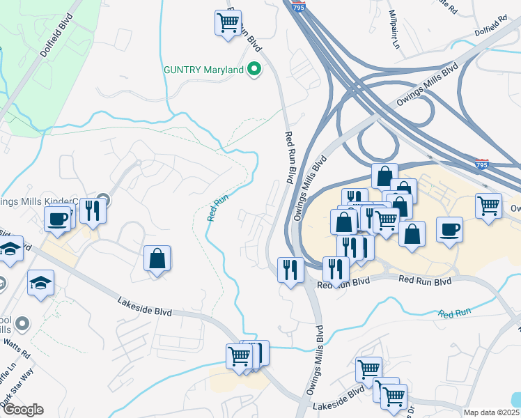 map of restaurants, bars, coffee shops, grocery stores, and more near 310 Paladium Court in Owings Mills