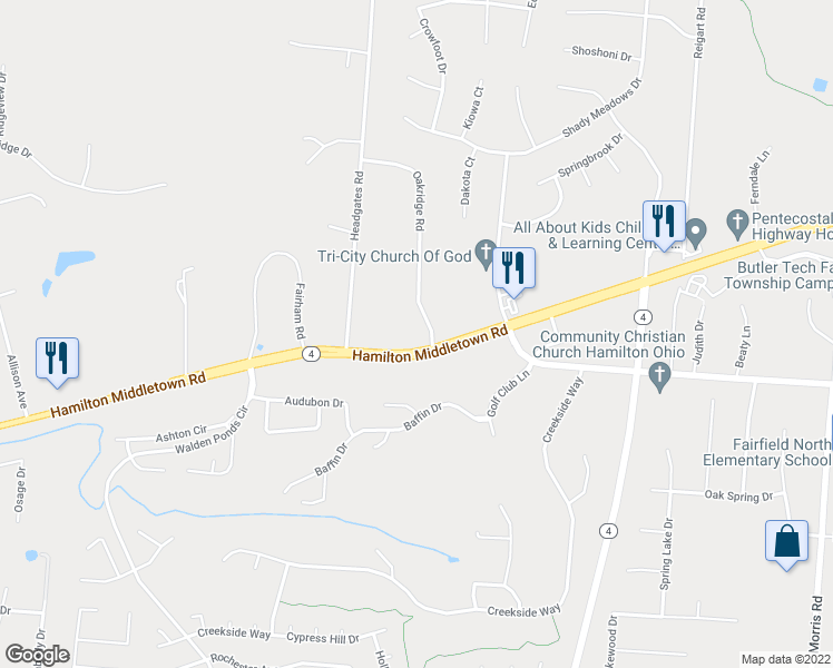 map of restaurants, bars, coffee shops, grocery stores, and more near 5975 Oakridge Drive in Hamilton