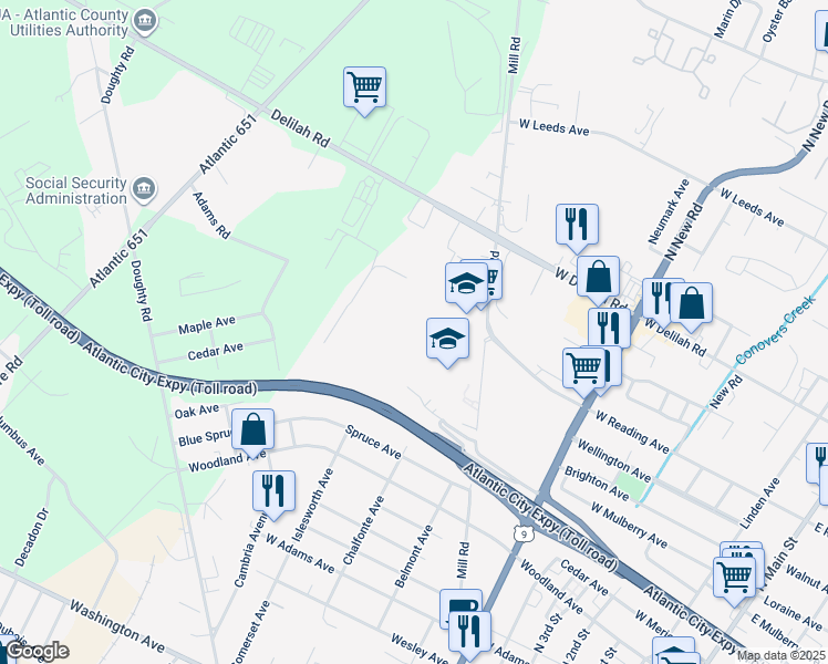 map of restaurants, bars, coffee shops, grocery stores, and more near 701-801 Mill Road in Pleasantville
