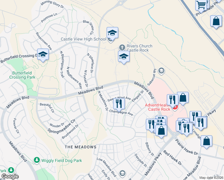 map of restaurants, bars, coffee shops, grocery stores, and more near 2602 Meadows Boulevard in Castle Rock