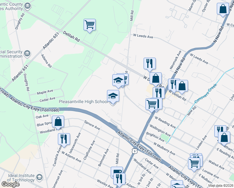map of restaurants, bars, coffee shops, grocery stores, and more near 771-833 Mill Road in Pleasantville