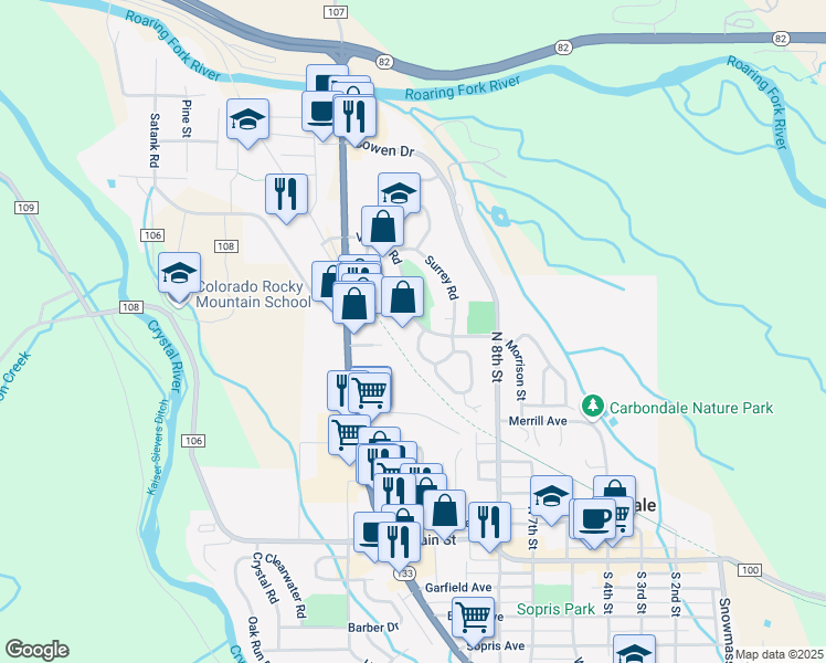 map of restaurants, bars, coffee shops, grocery stores, and more near 1001-1091 Village Rd in Carbondale