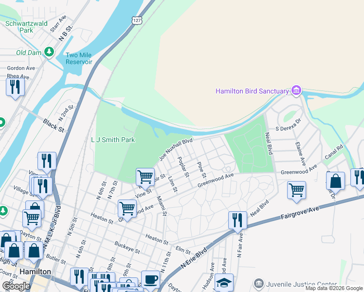map of restaurants, bars, coffee shops, grocery stores, and more near 1219 Joe Nuxhall Boulevard in Hamilton