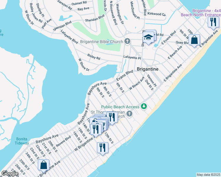 map of restaurants, bars, coffee shops, grocery stores, and more near 598 Bayshore Avenue in Brigantine