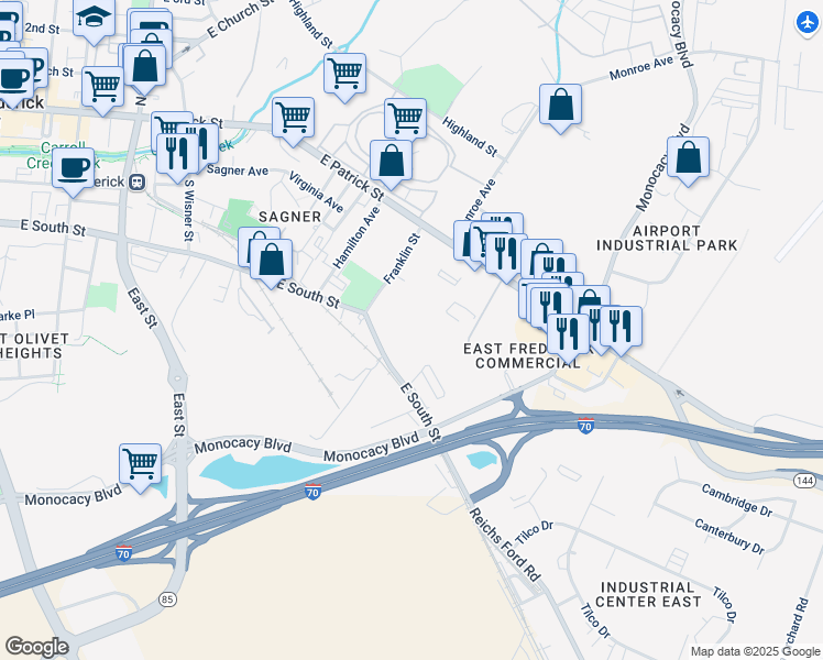 map of restaurants, bars, coffee shops, grocery stores, and more near 809 East South Street in Frederick
