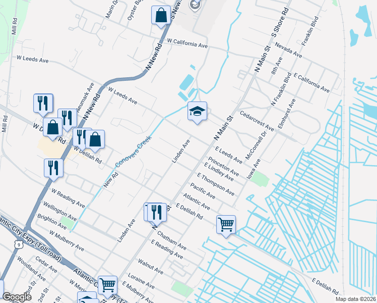 map of restaurants, bars, coffee shops, grocery stores, and more near 15 West Leeds Avenue in Pleasantville