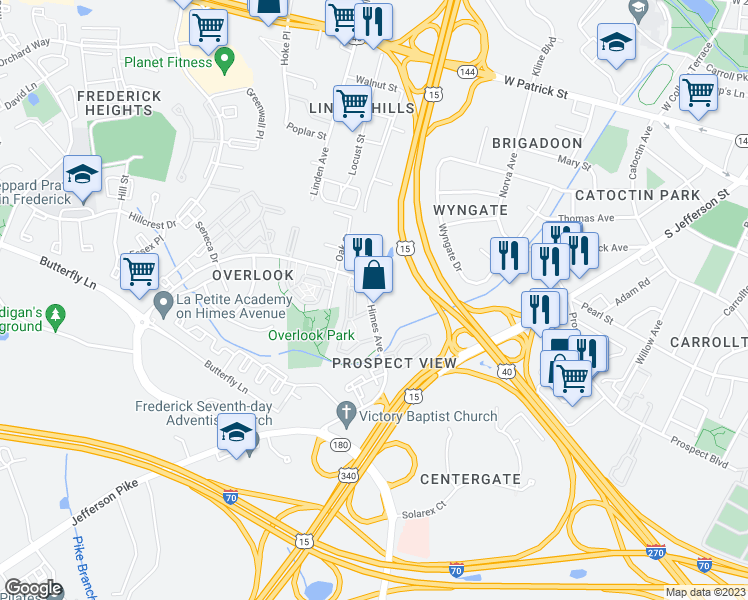map of restaurants, bars, coffee shops, grocery stores, and more near 619 Himes Avenue in Frederick