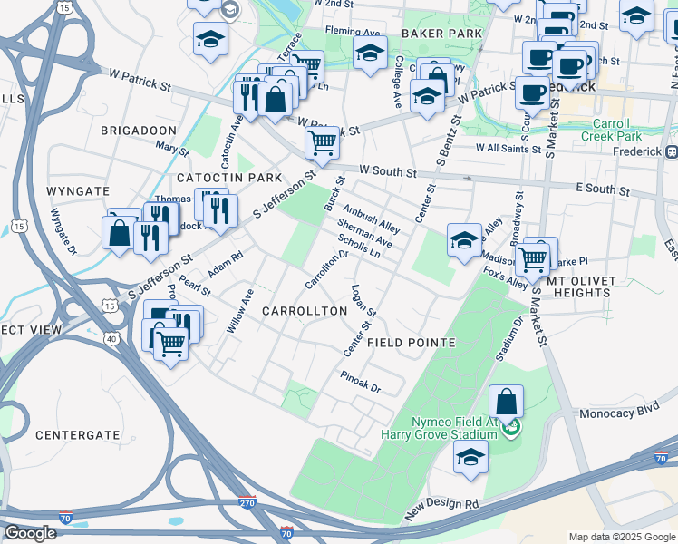 map of restaurants, bars, coffee shops, grocery stores, and more near 305 Loganberry Court in Frederick