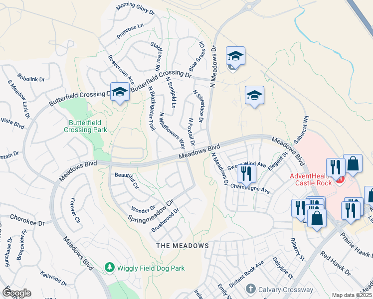 map of restaurants, bars, coffee shops, grocery stores, and more near 4506 North Wildflowers Way in Castle Rock