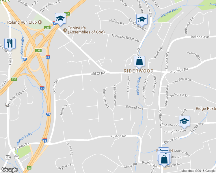 map of restaurants, bars, coffee shops, grocery stores, and more near 7844 Ellenham Road in Towson