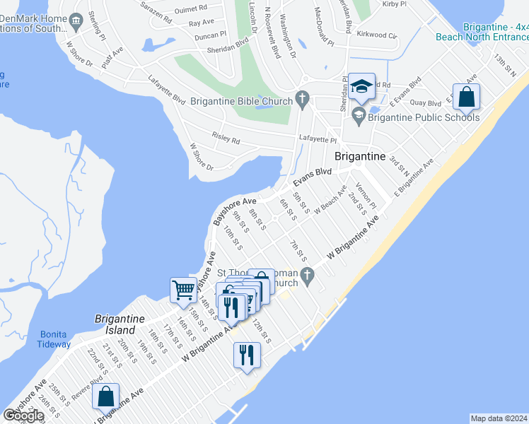 map of restaurants, bars, coffee shops, grocery stores, and more near 598 Bayshore Avenue in Brigantine