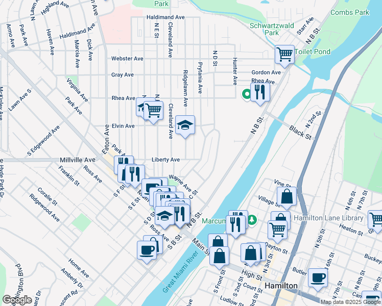 map of restaurants, bars, coffee shops, grocery stores, and more near 451 Ridgelawn Avenue in Hamilton