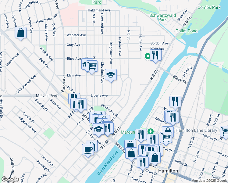 map of restaurants, bars, coffee shops, grocery stores, and more near 451 Ridgelawn Avenue in Hamilton