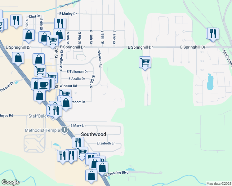 map of restaurants, bars, coffee shops, grocery stores, and more near 1228 East Dawn Drive in Terre Haute