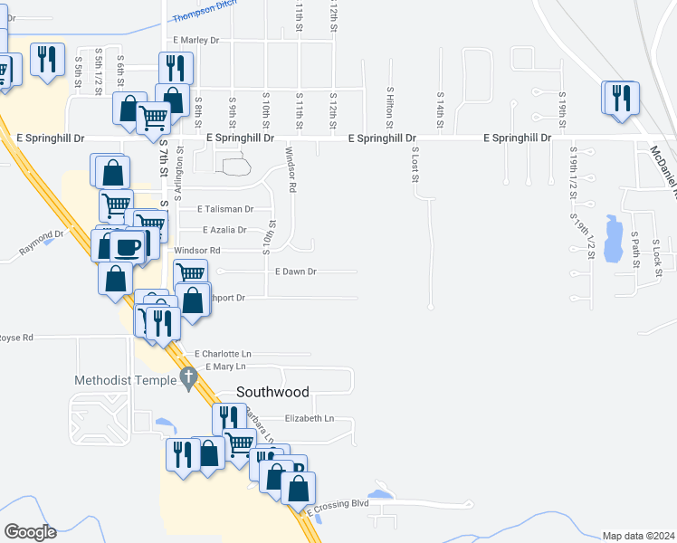 map of restaurants, bars, coffee shops, grocery stores, and more near 1211 East Dawn Drive in Terre Haute