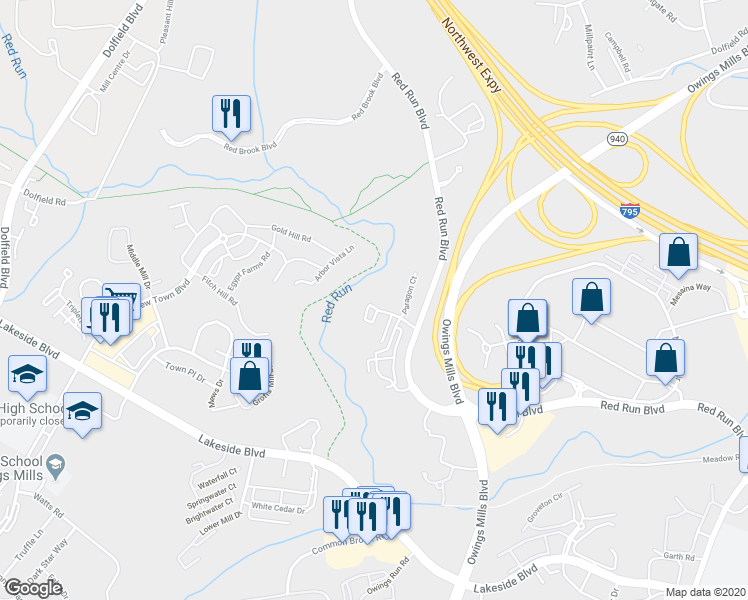 map of restaurants, bars, coffee shops, grocery stores, and more near 330 Paladium Court in Owings Mills
