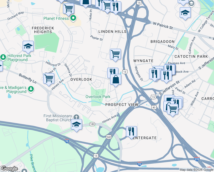 map of restaurants, bars, coffee shops, grocery stores, and more near 523 Sylvan Court in Frederick