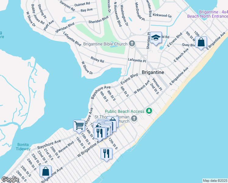 map of restaurants, bars, coffee shops, grocery stores, and more near 598 Bayshore Avenue in Brigantine