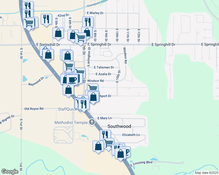 map of restaurants, bars, coffee shops, grocery stores, and more near 1206 Dawn Drive in Terre Haute