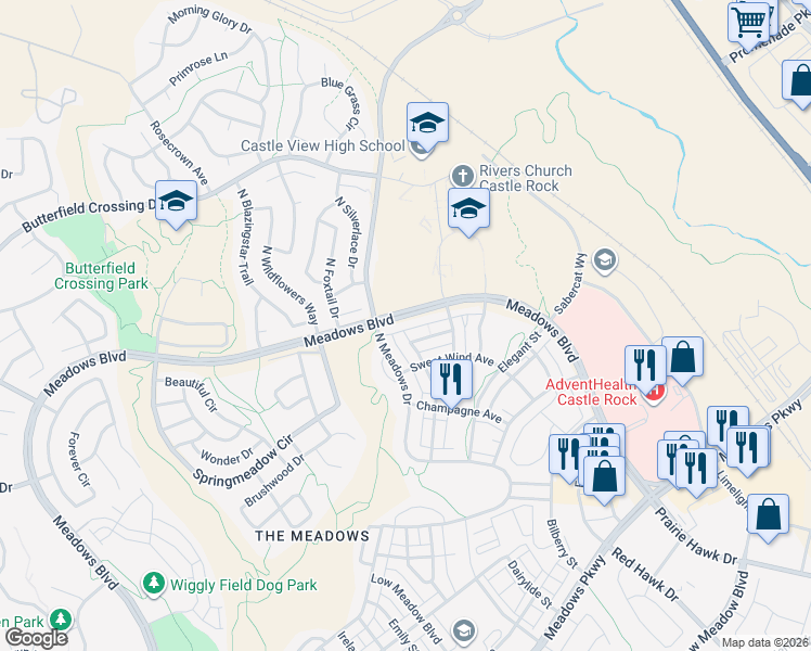 map of restaurants, bars, coffee shops, grocery stores, and more near 2616 Meadows Boulevard in Castle Rock