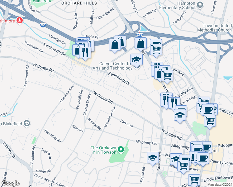 map of restaurants, bars, coffee shops, grocery stores, and more near 769 Camberley Circle in Towson