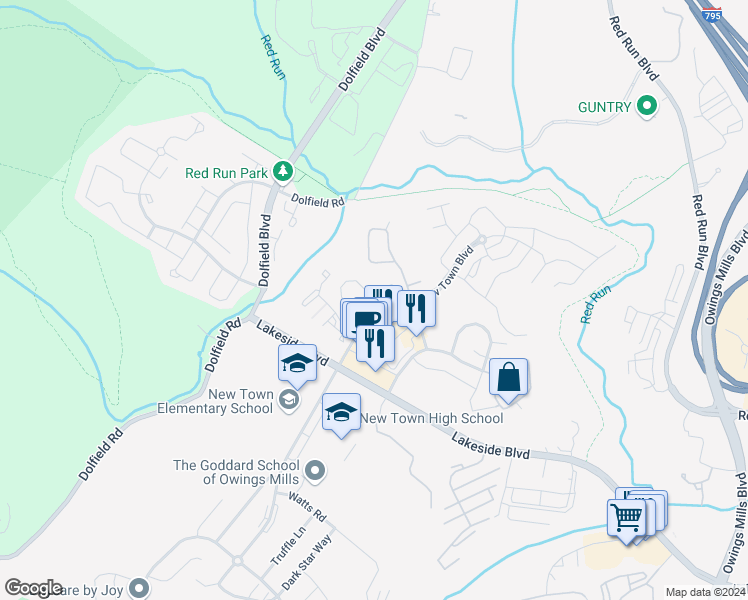 map of restaurants, bars, coffee shops, grocery stores, and more near 9801 Bale Court in Owings Mills