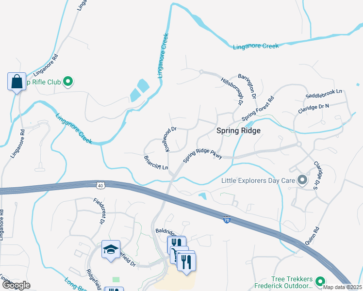 map of restaurants, bars, coffee shops, grocery stores, and more near 6301 Bradford Court in Frederick