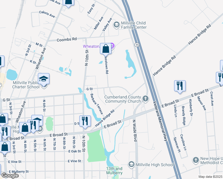 map of restaurants, bars, coffee shops, grocery stores, and more near 1031 Pineview Terrace in Millville