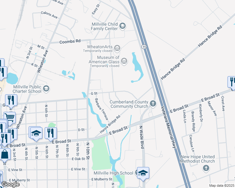 map of restaurants, bars, coffee shops, grocery stores, and more near 1031 Pineview Terrace in Millville