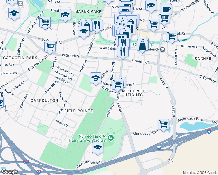 map of restaurants, bars, coffee shops, grocery stores, and more near 403 Broadway Street in Frederick