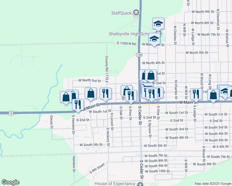 map of restaurants, bars, coffee shops, grocery stores, and more near 200 North Locust Street in Shelbyville