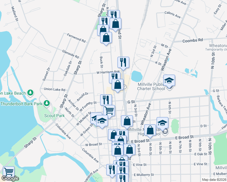 map of restaurants, bars, coffee shops, grocery stores, and more near 1025 North High Street in Millville